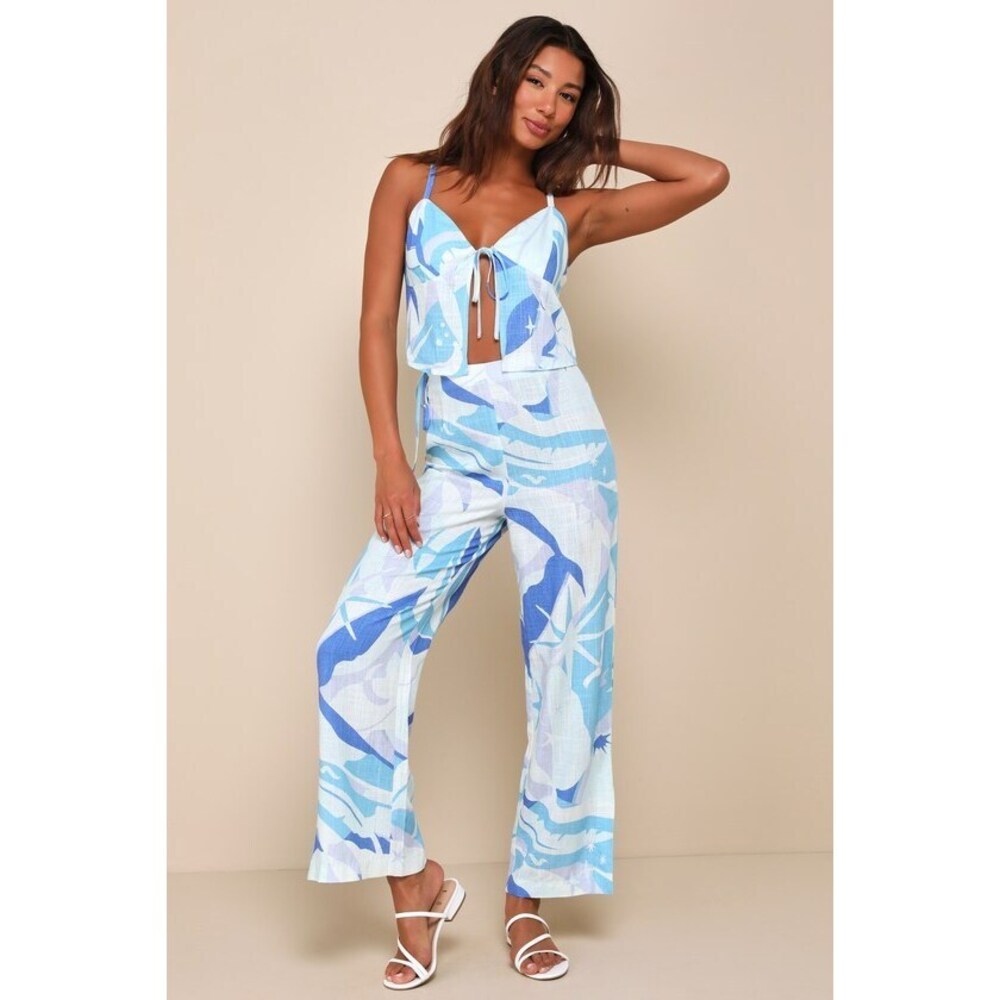 Wondrous Charm Blue Multi Print Linen Split Hem Pants and Tie Front Crop Top